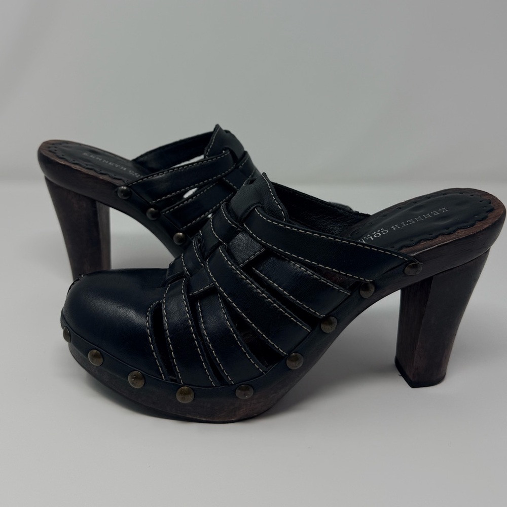 Kenneth Cole New York Black Leather Clogs / Mule with Wooden Heel Size 8